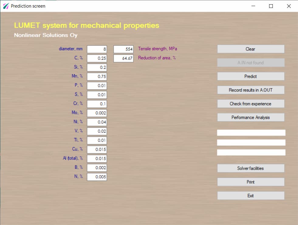 Prediction screen of a LUMET system customised for mechanical properties of 
												hot rolled wire rods